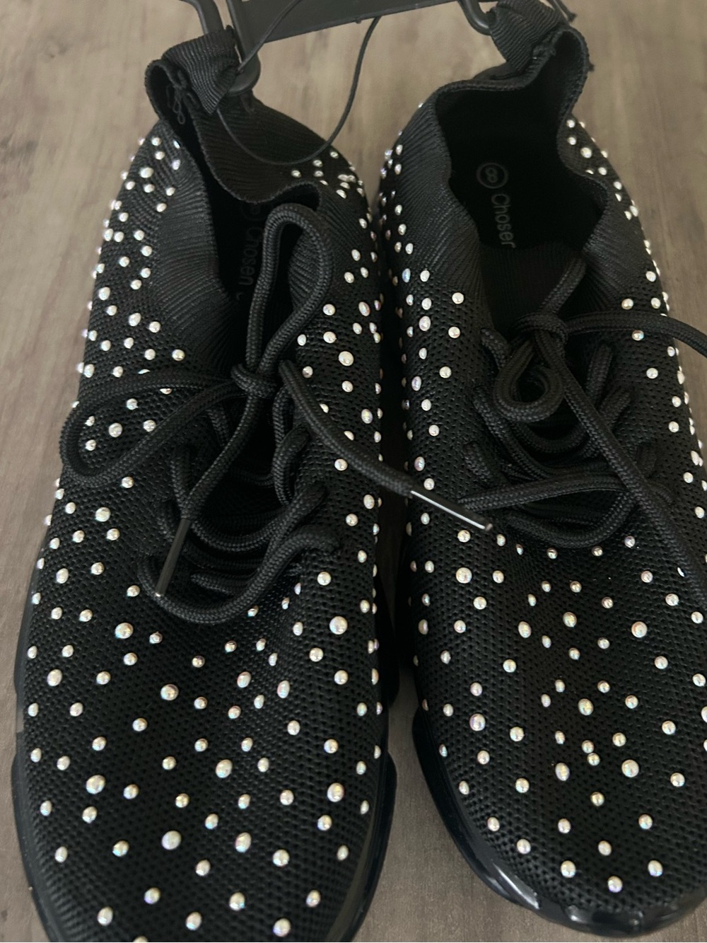Black Crystal-Studded Lace-Up Knit Sneakers - Women